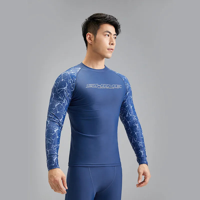 Dark blue nylon men's swimwear set with matching top and trousers for swimming and wading