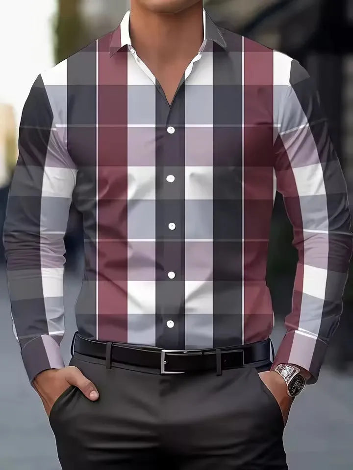 Men's striped button-up shirt with lapel collar in polyester fabric showing button details and sleeve construction