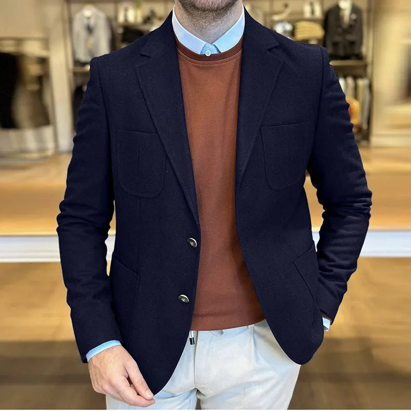 Men's loose retro cotton suit jacket in army green colour with two-tone buttons.
