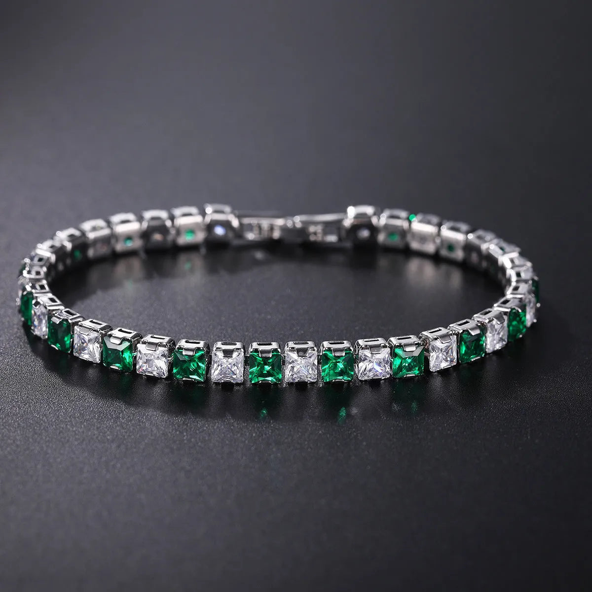 Electroplated real platinum women's bracelet with square diamond geometric design and gang drill details.