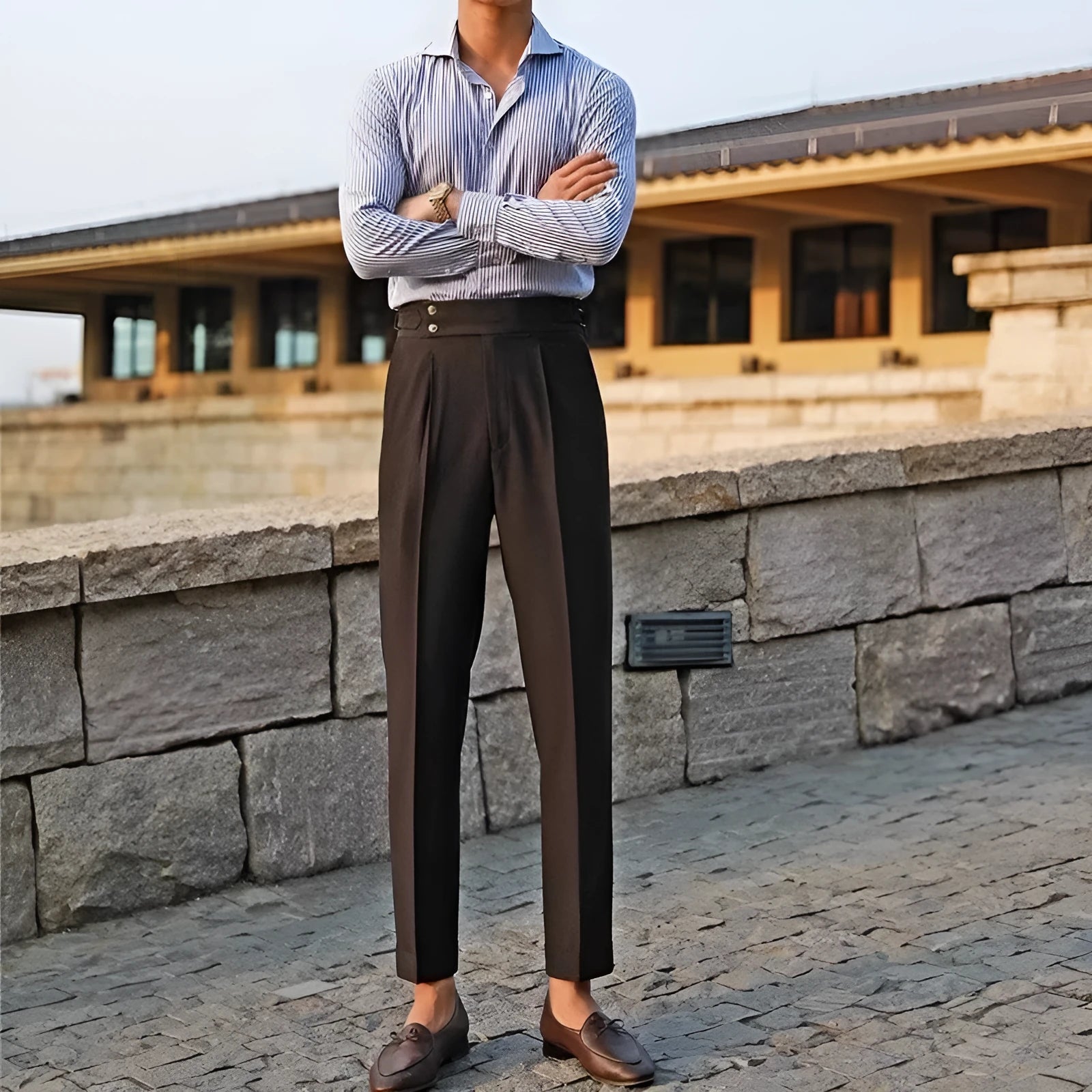 Men's slim fit straight leg suit trousers in black, white, or apricot colour.
