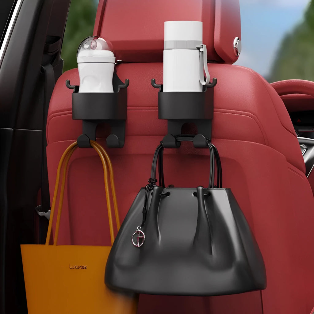 Black plastic car hook seat back organiser with cup holder and hook attachment