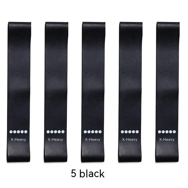 Five colour-coded TPE yoga tension straps with graduated thickness for resistance training