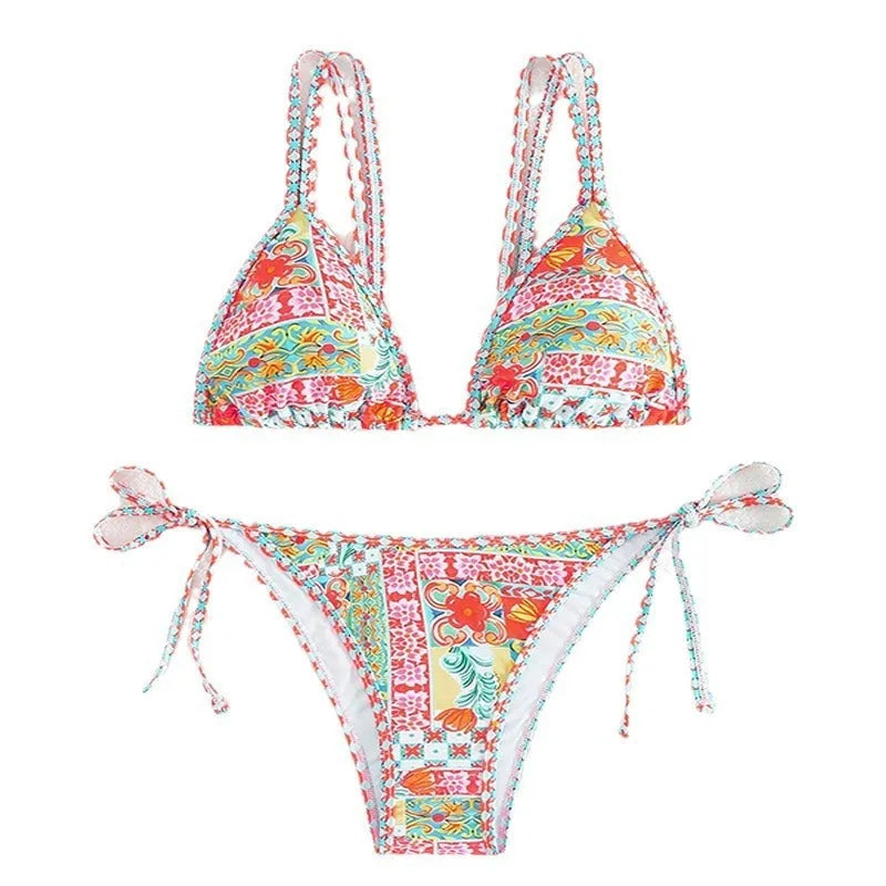 Women's lace-up split swimsuit in picture colour with backless design and briefs style