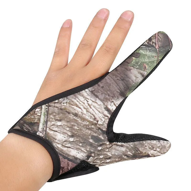 Two finger fishing glove in camouflage colour showing diving cloth back and microfiber palm material.