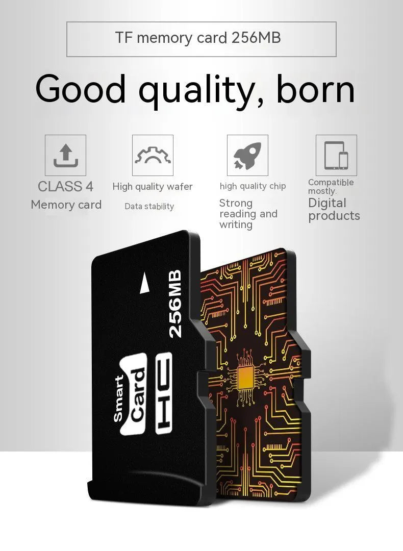 256MB TF format memory card with compact dimensions, presented in packaging.