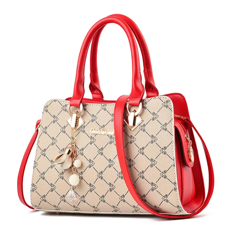 Geometric pattern ladies messenger bag in textured PU leather with zipper closure and interior card slots