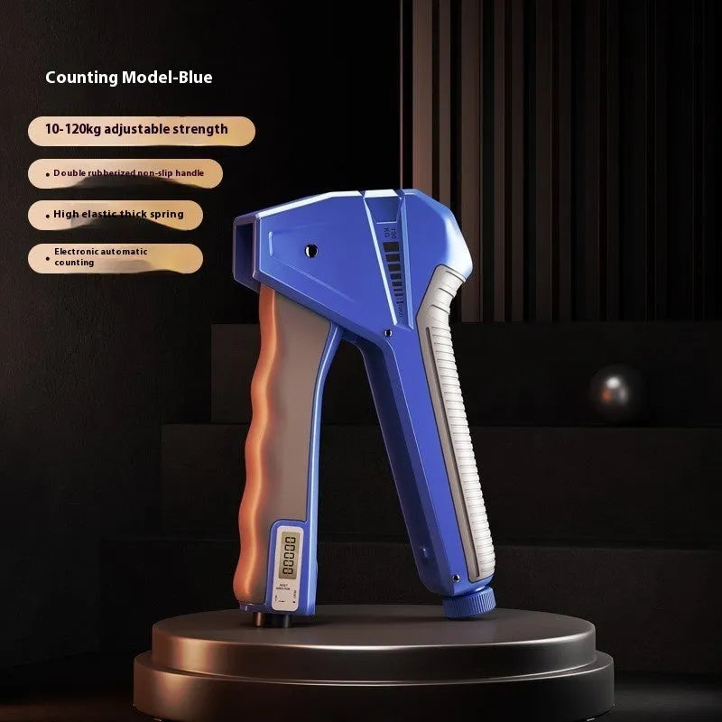 Adjustable hand grip strengthener fitness equipment in black, showing mechanical tension adjustment.