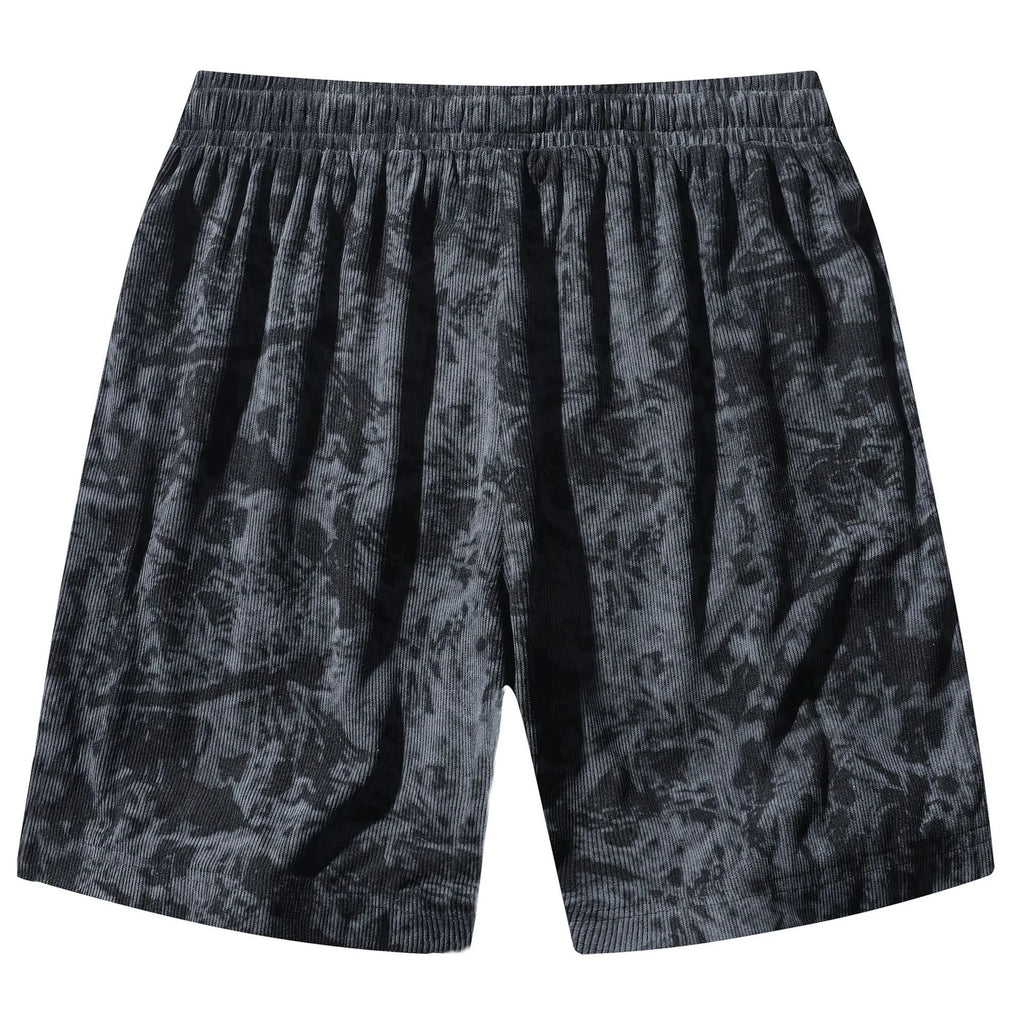 Men's camouflage patterned corduroy athletic shorts with straight leg and elastic waistband