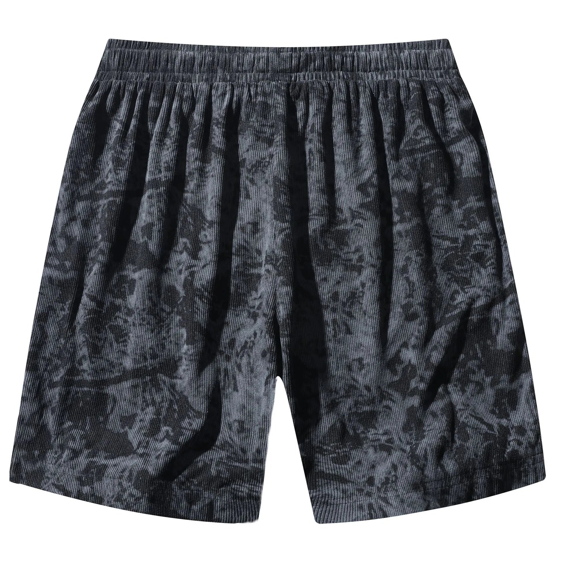 Men's camouflage patterned corduroy athletic shorts with straight leg and elastic waistband