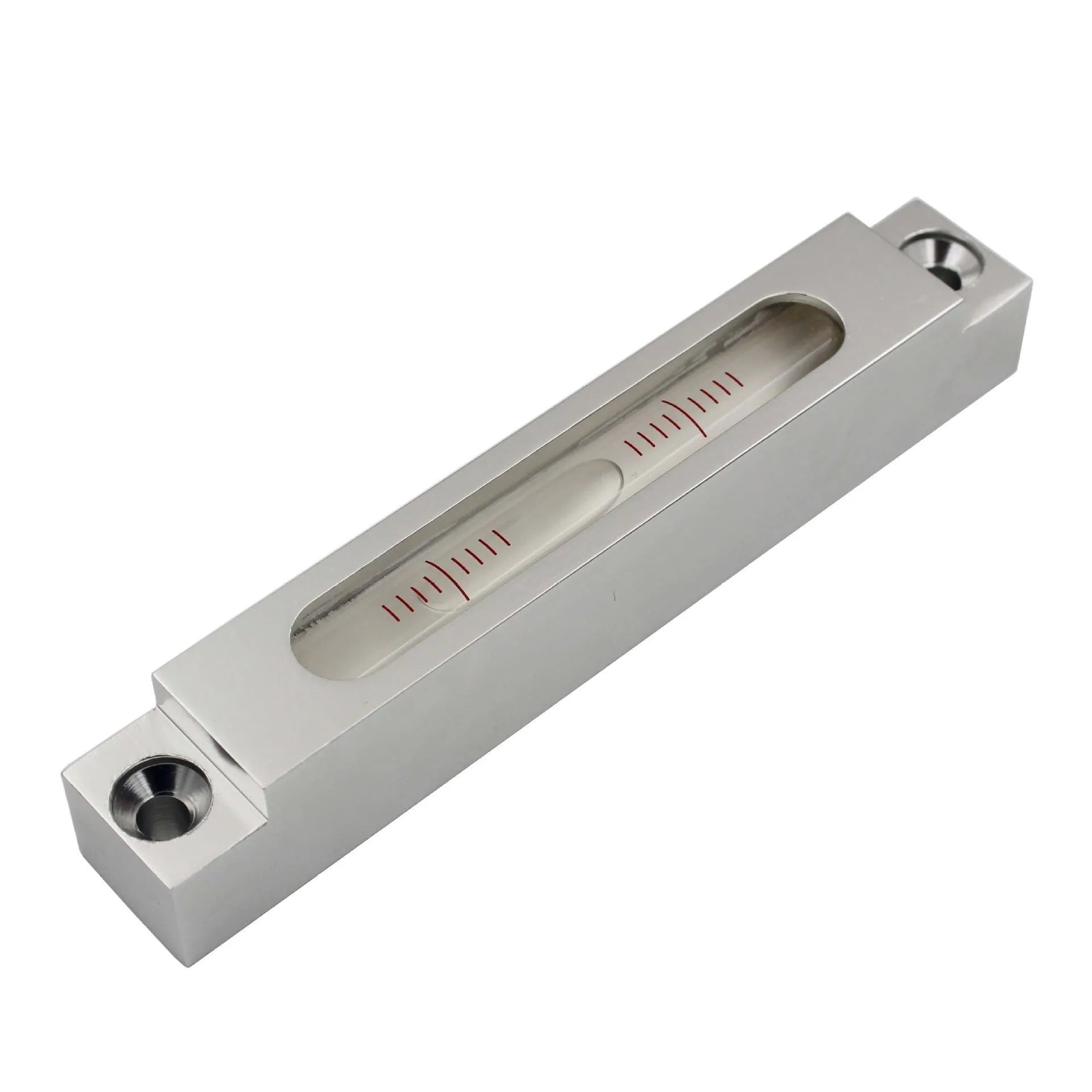 Metal and glass miniature precision spirit level for machine tools, showing 132mm length.
