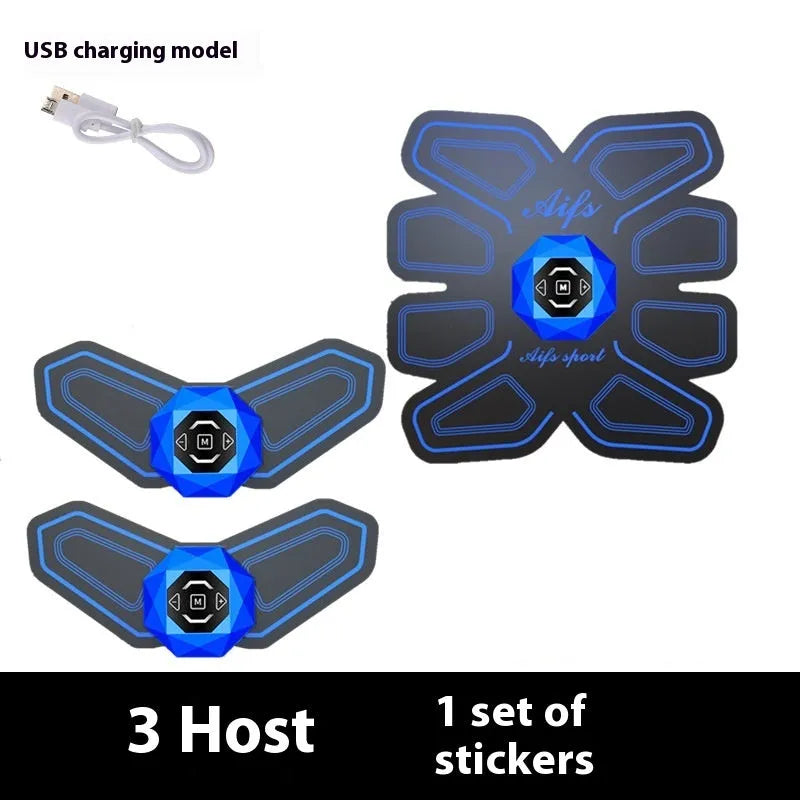 Eight abdominal massage patches for waist reduction in black and blue colours with PU leather, silicone and ABS construction