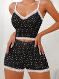 Design Sense ladies home leisure suit with sleeveless top and shorts in white background floral pattern