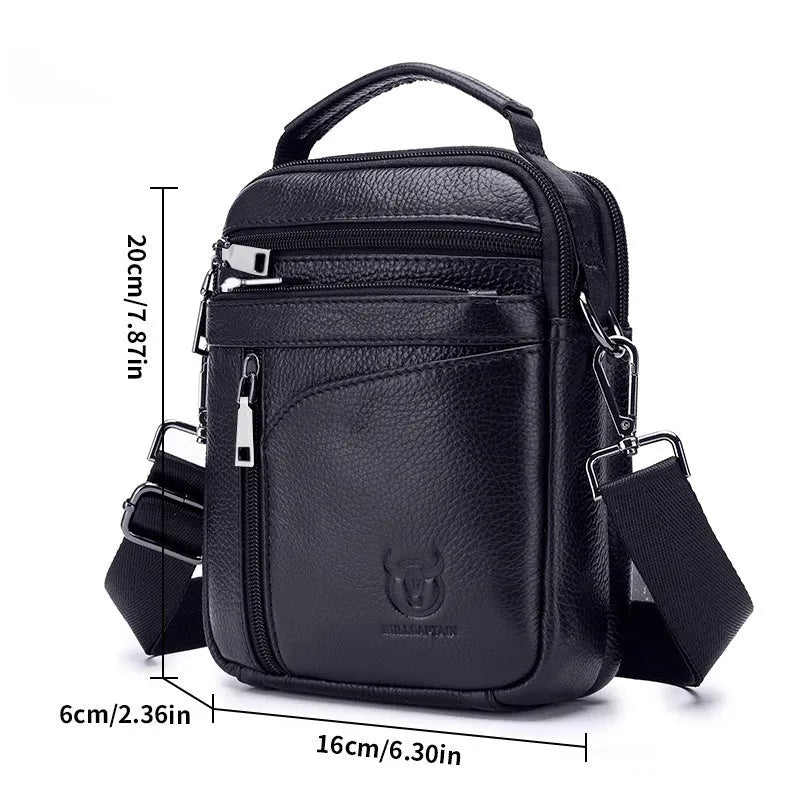 Black genuine leather mens shoulder messenger bag with European retro styling