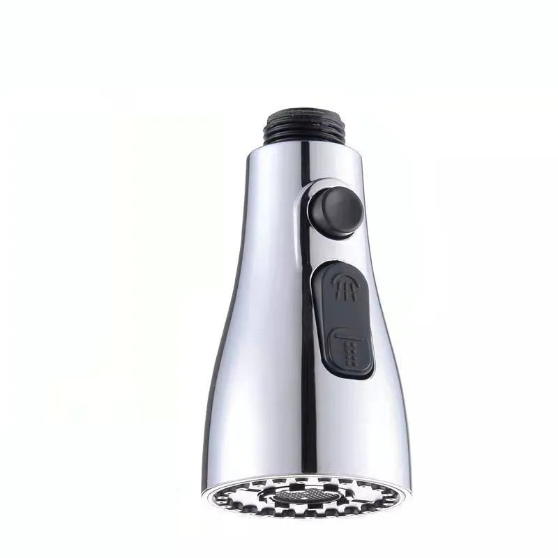 Silver universal pressurised kitchen faucet sprayer with rotating head and three-mode selector