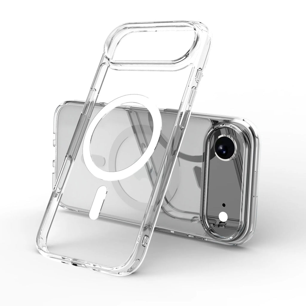 Transparent magnetic protective case for iPhone 17 models on a white background.