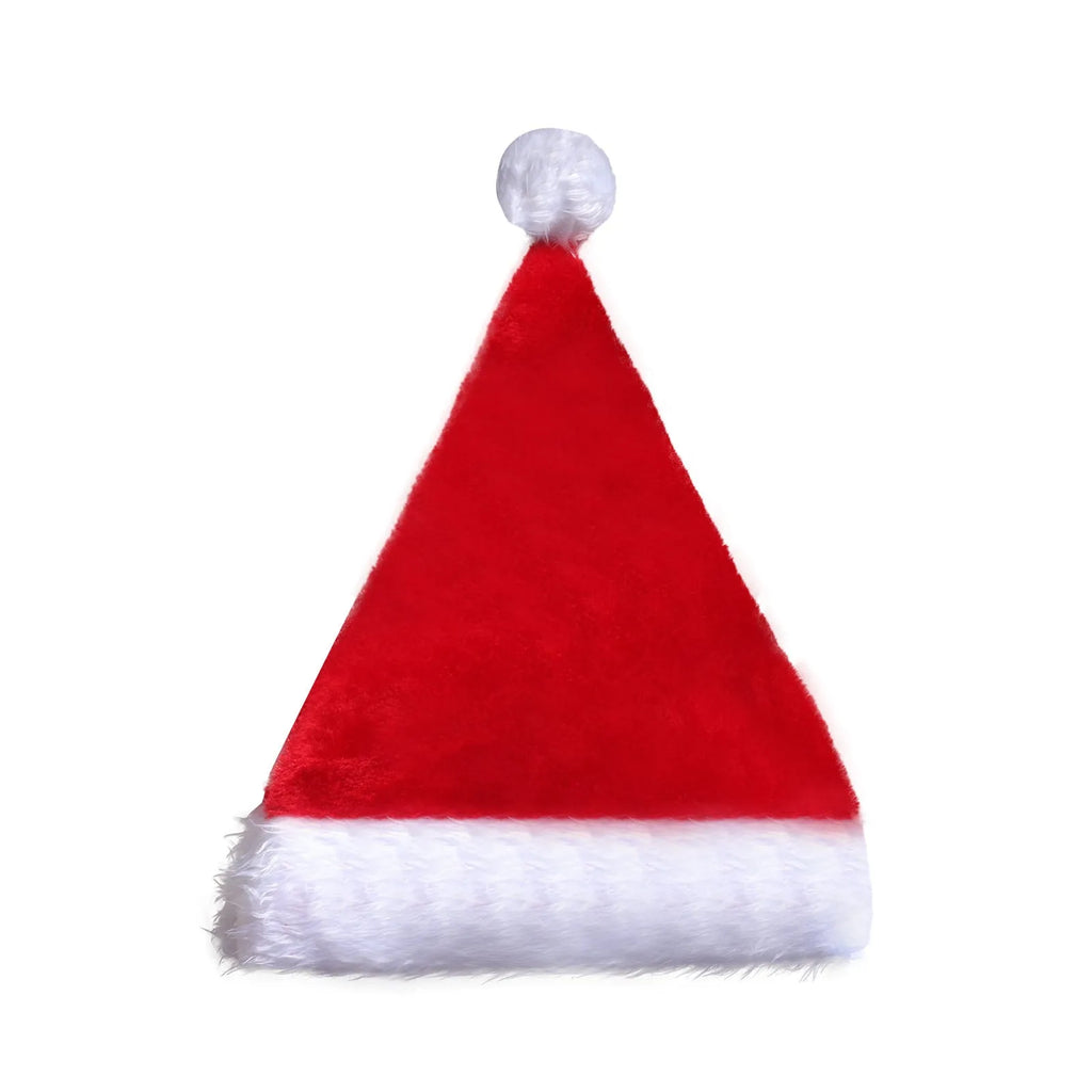 Red and white plush Santa hat with pom-pom and 9 colour-changing LED lights lit up.