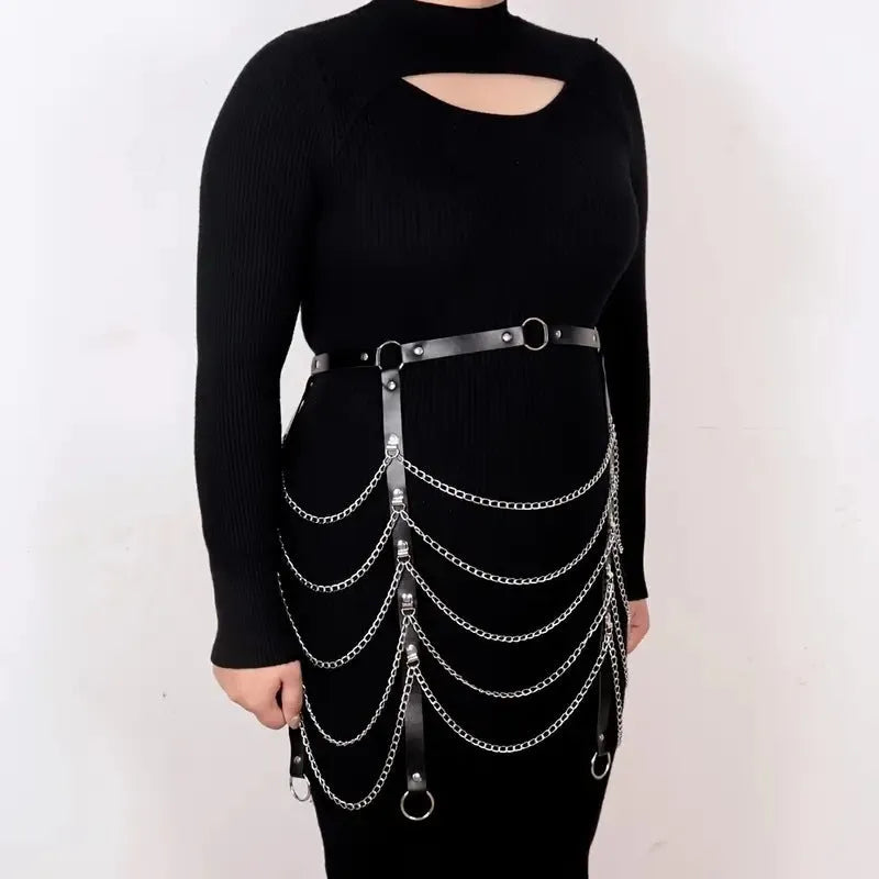 Black PU leather waist chain with bandage binding design draped on clothing
