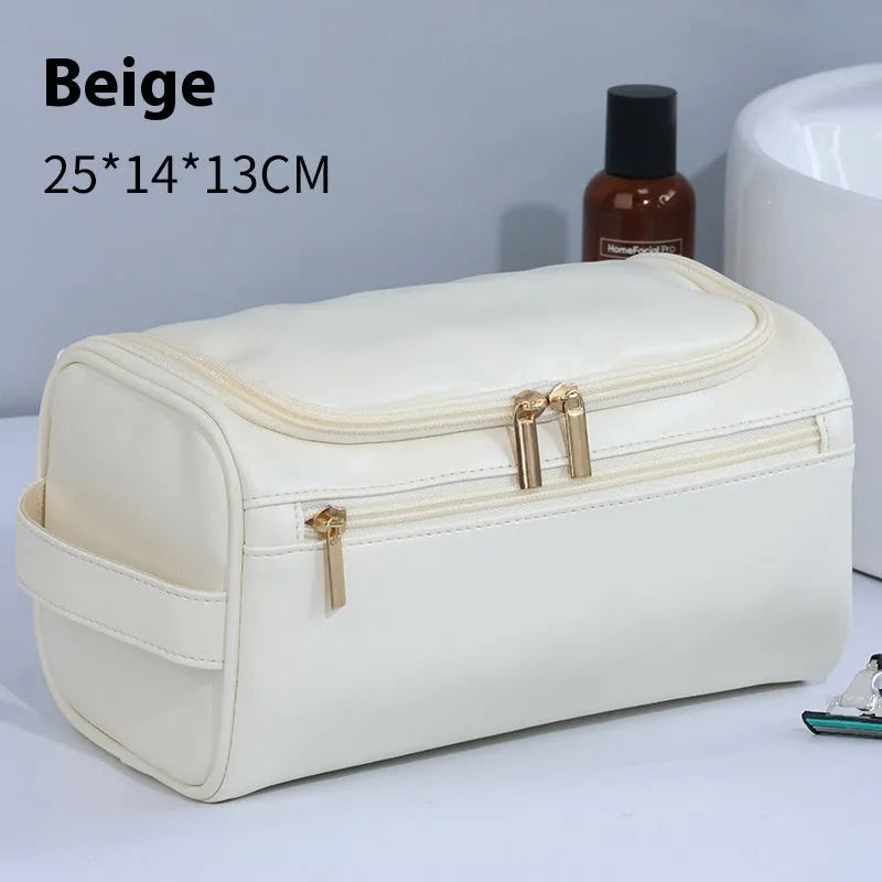 Large capacity waterproof cosmetic bag in retro style with skincare and makeup items inside