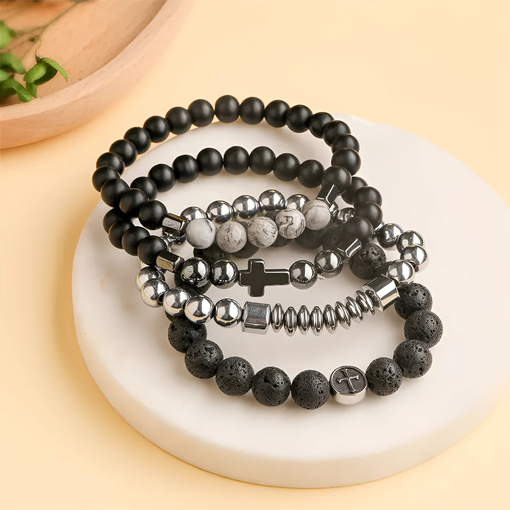 Men's volcanic agate bracelet with geometric design, stainless steel finish, and 10mm beads