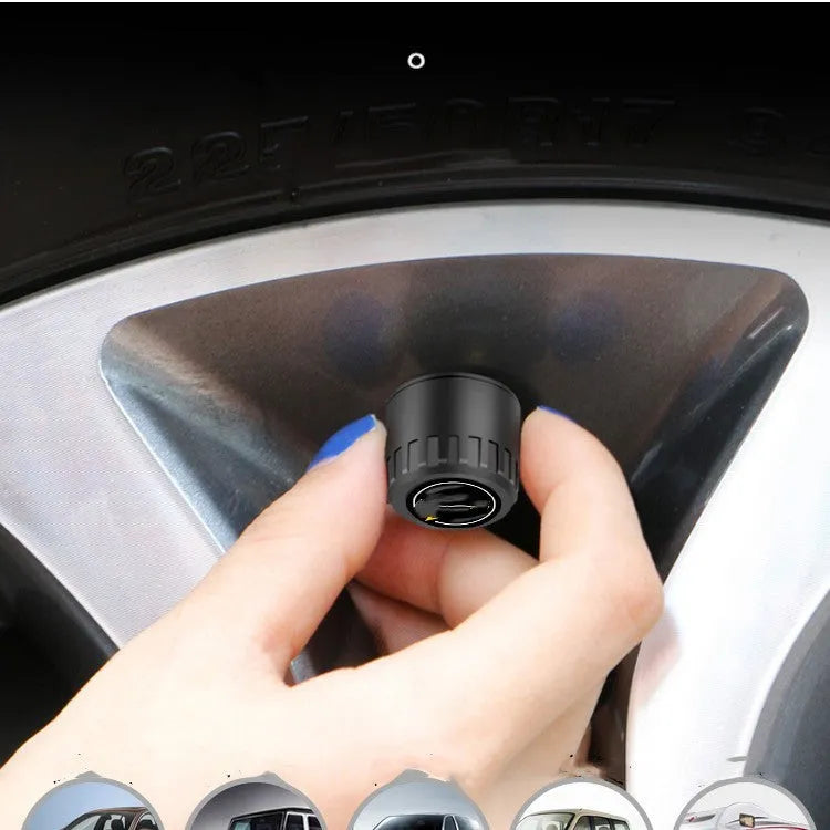 Black Bluetooth tyre pressure monitoring system kit with four external sensors, a wrench, and anti-theft screws on a white background