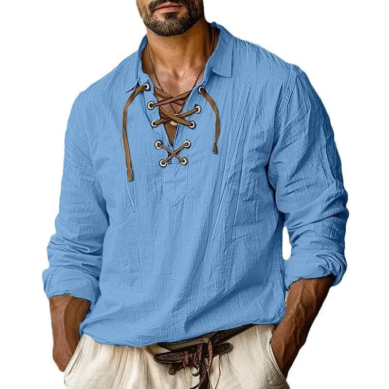 Men's loose fit long sleeve shirt with lapels and lace detail in a blue cotton-linen fabric.