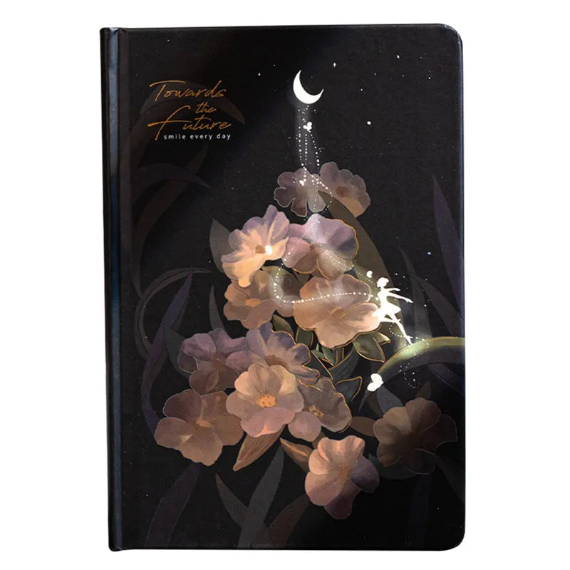 A5 spiral-bound notebook with a luminous holographic cover showing colour illustrations on the open pages.
