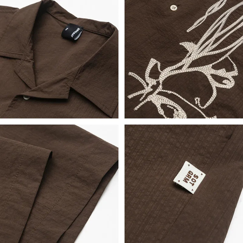 Brown striped outdoor waterproof shirt with Cuban collar, short sleeves, and cardigan style for mountain camping