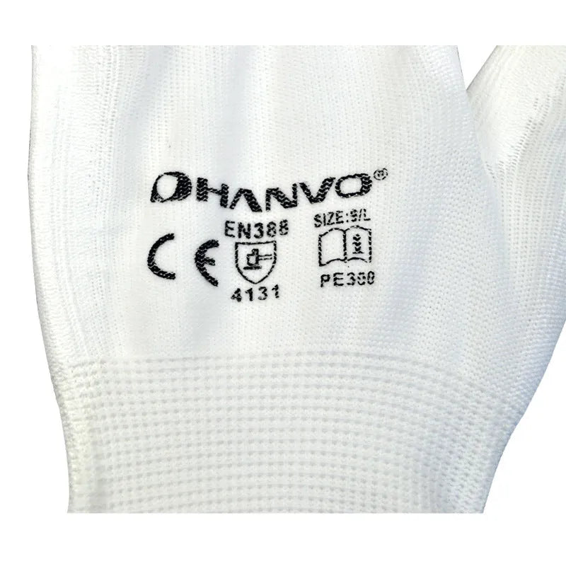 White PU coated labour gloves showing palm coating and mesh back panel