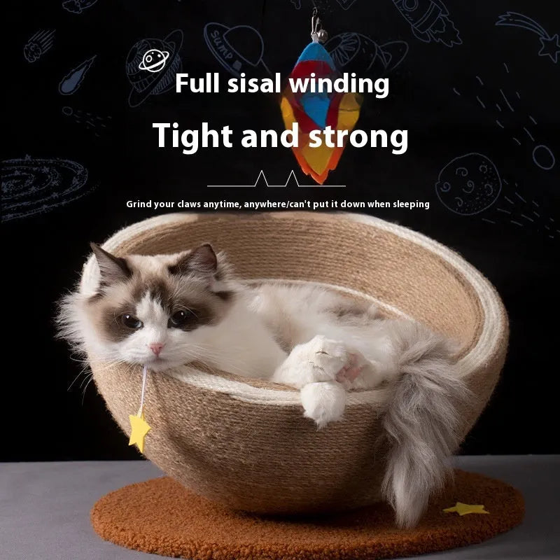 Large cat scratching board with integrated flannel-lined bed in starry sisal nest design