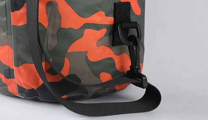 Outdoor waterproof camouflage polyester double shoulder backpack in green, with roll-top closure and foldable design