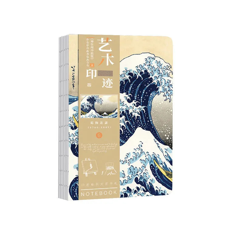 Hardback Ukiyo-e series hand ledger notebook with retro Japanese print cover, open to show 100g paper pages.