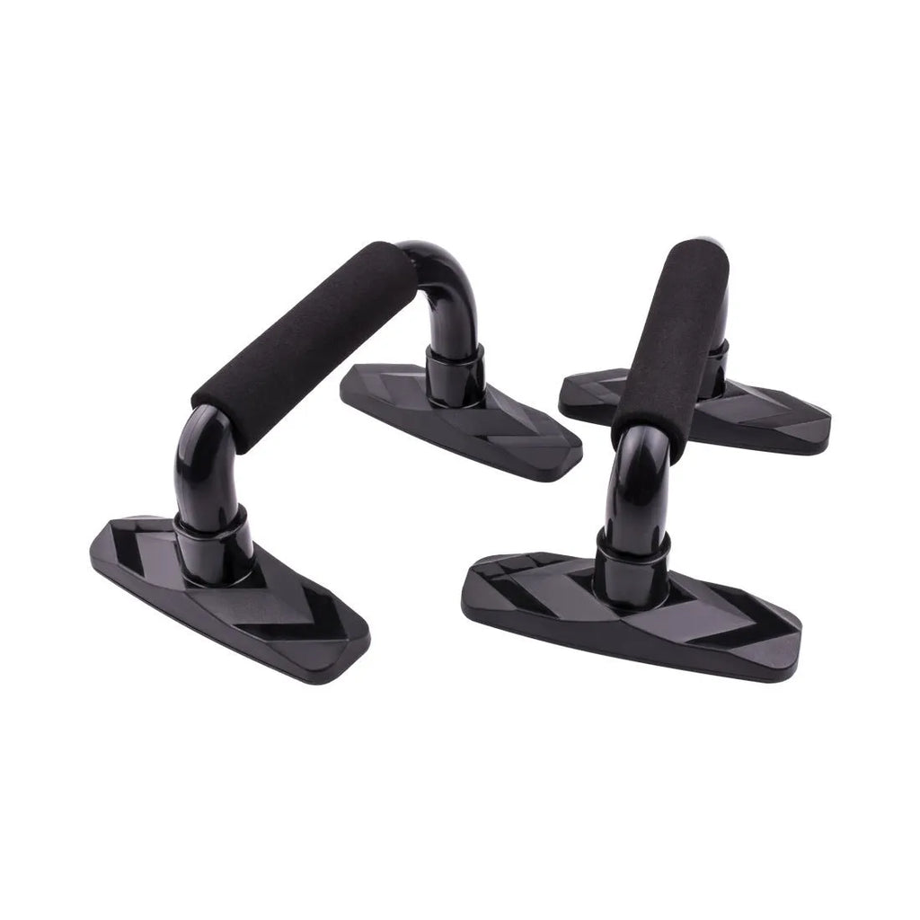 Pair of black I-shaped push up bars with textured PP sponge grips on a floor
