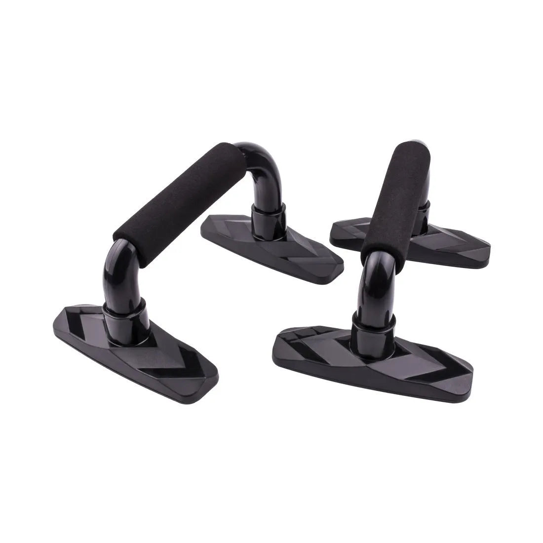 Pair of black I-shaped push up bars with textured PP sponge grips on a floor