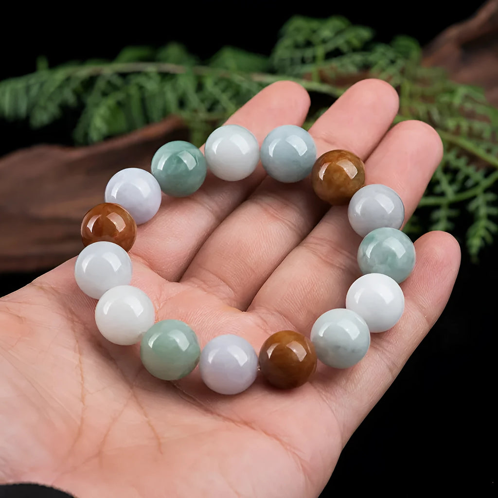 Women's natural Myanmar jade three-colour bracelet with round 13mm beads and certificate