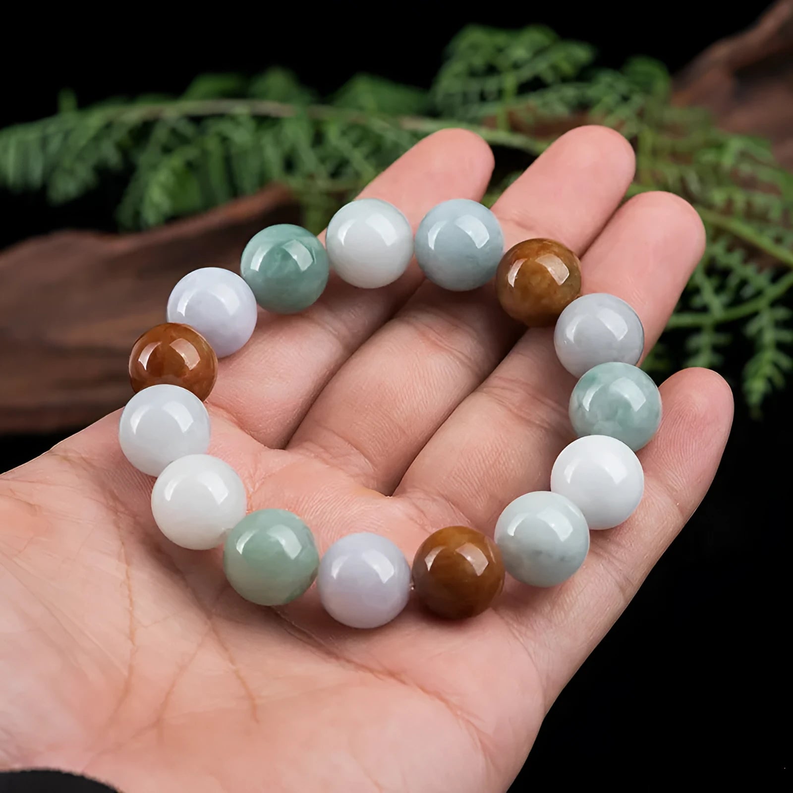 Women's natural Myanmar jade three-colour bracelet with round 13mm beads and certificate