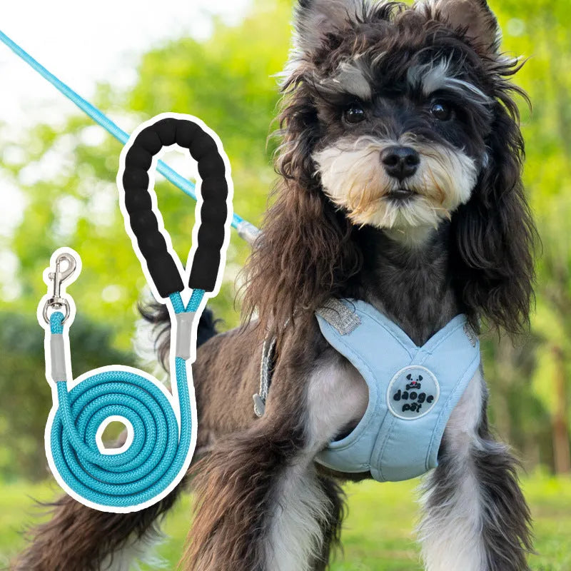 Polyester dog vest and matching hand holding rope in a choice of blue, green, pink, or yellow.