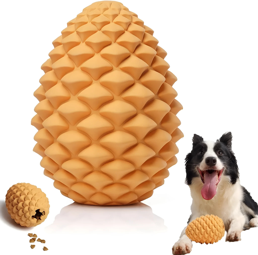 Yellow pine cone shaped natural rubber dog chew toy with treat dispenser for large breeds