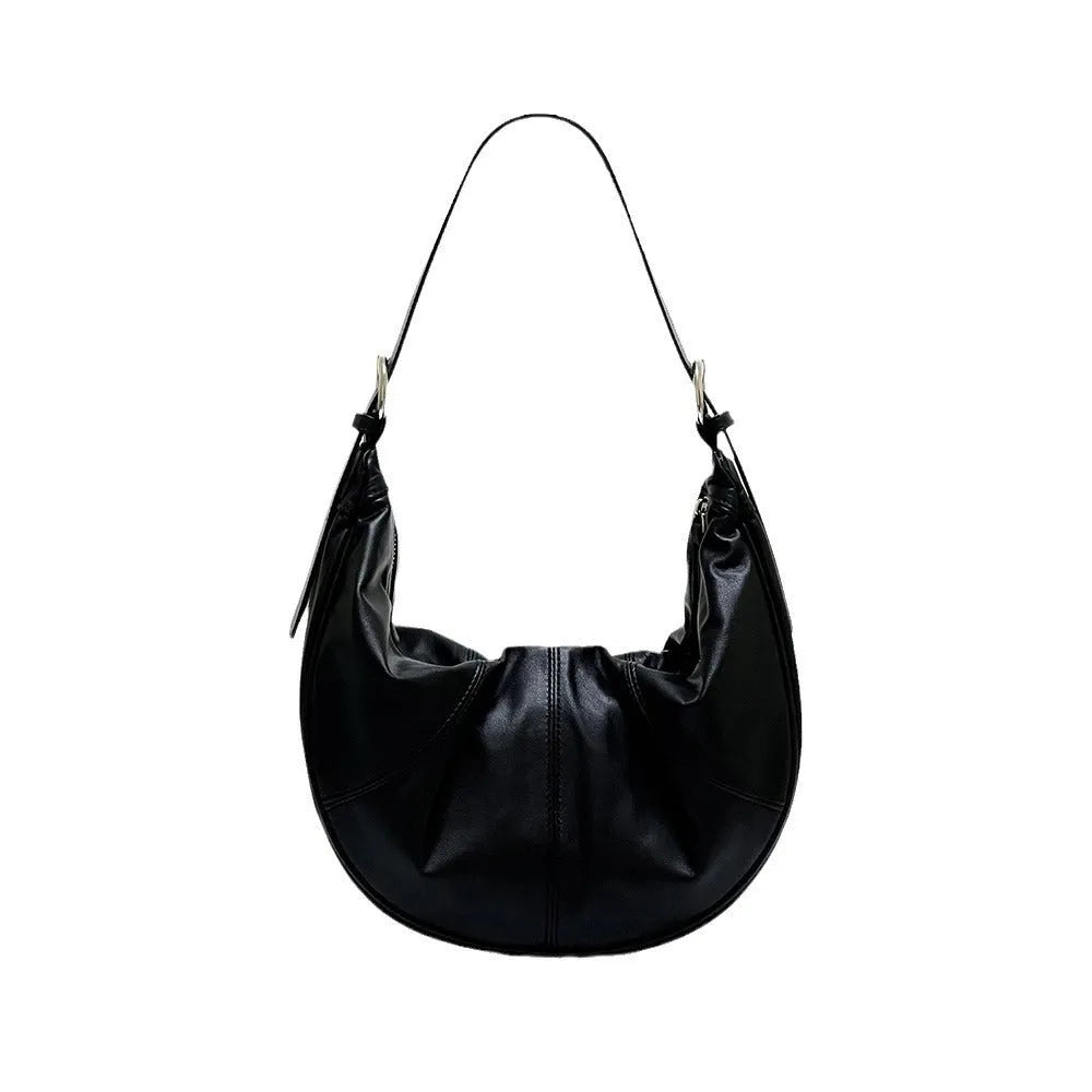 Women's genuine leather shoulder bag with dumpling shape in cowhide texture with sewing line detailing