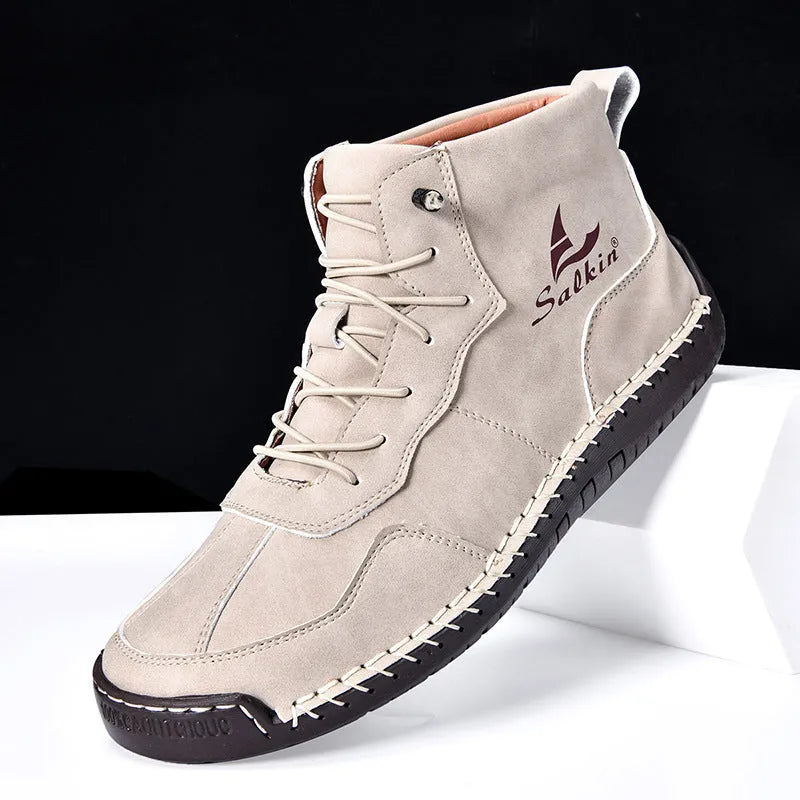 Men's high-top casual boots with elastic band closure and round toe design in dark blue colour
