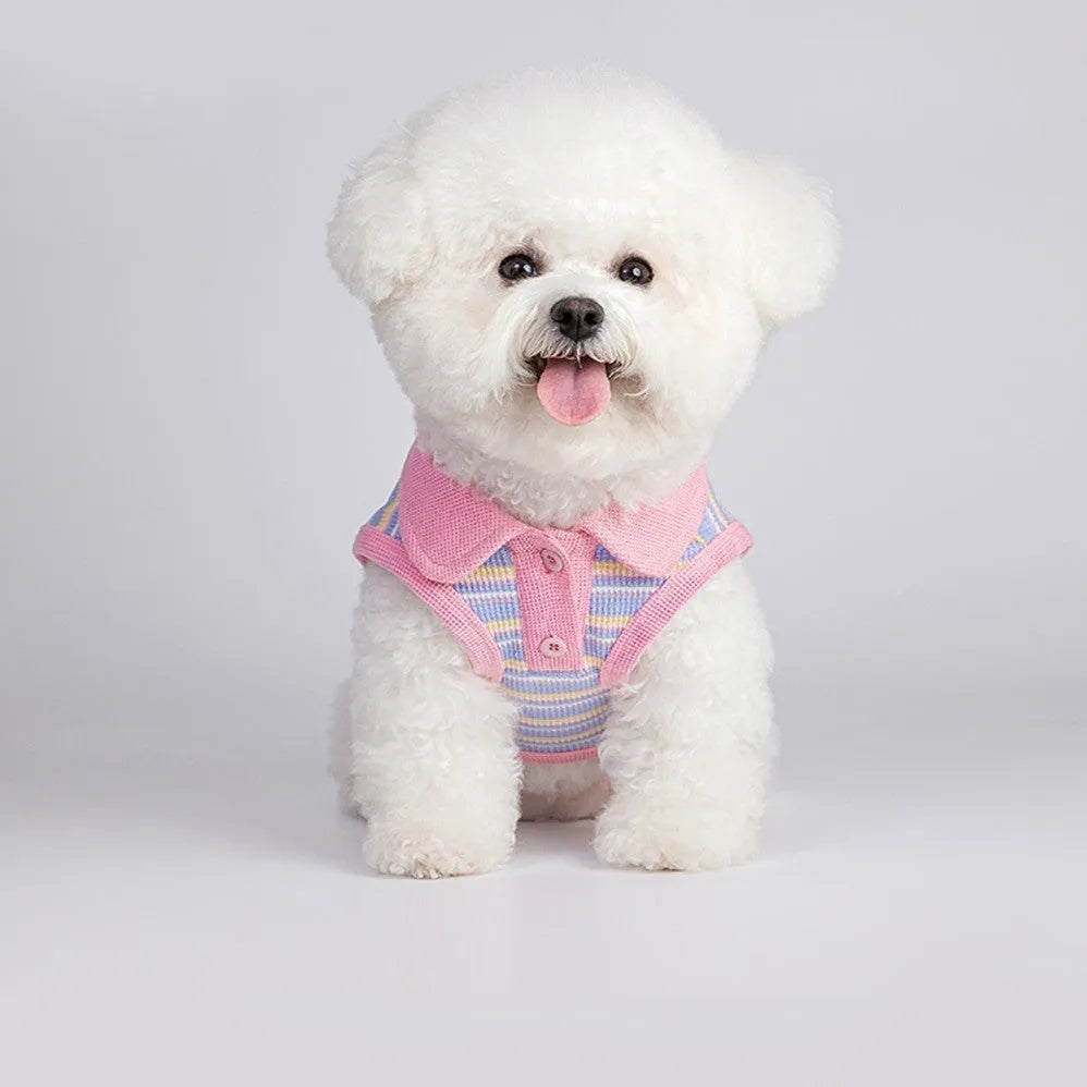 Pink purple sleeveless dog vest with a knitted turtleneck collar laid flat.