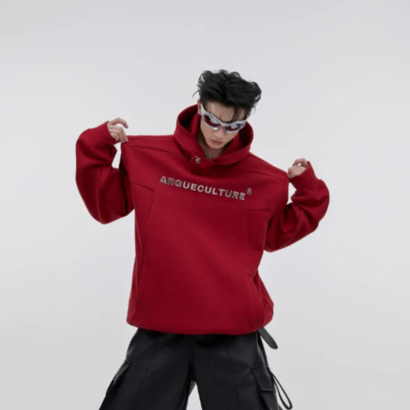 Men's loose fit hooded sweater with heavy shoulder pads and 3D printed design in red