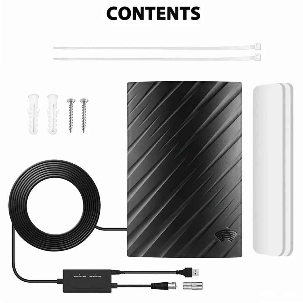 Black plastic digital television antenna with mounting hardware on white background