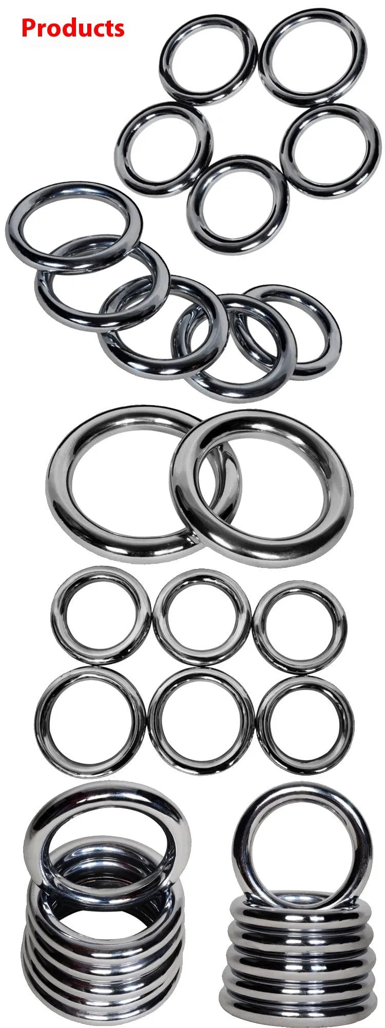Wing Chun carbon steel power training ring shown in three different sizes for martial arts conditioning.