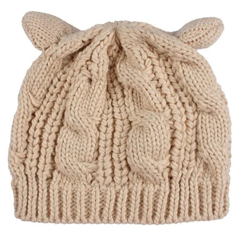 Hand made 3D cat ear knitted winter beanie in wool material showing multiple colour options