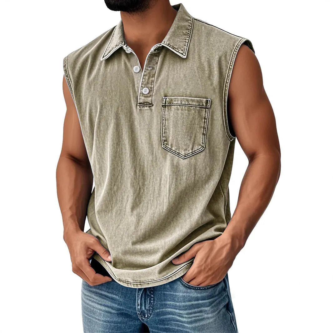 Man wearing a loose-fit short-sleeve polo shirt with a 3D digital print design.