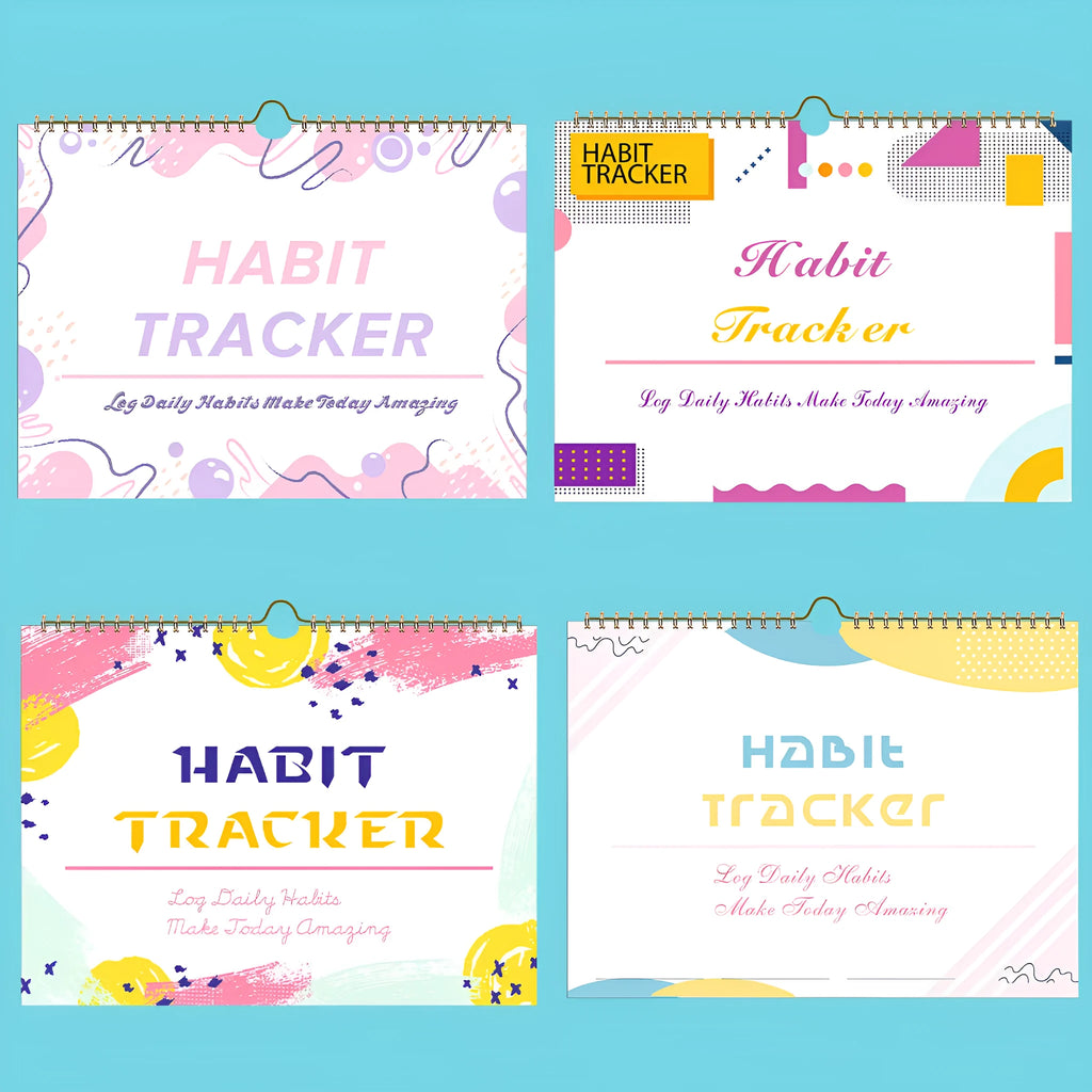 Habit tracking device showing 12 internal pages for schedule planning in various colour options