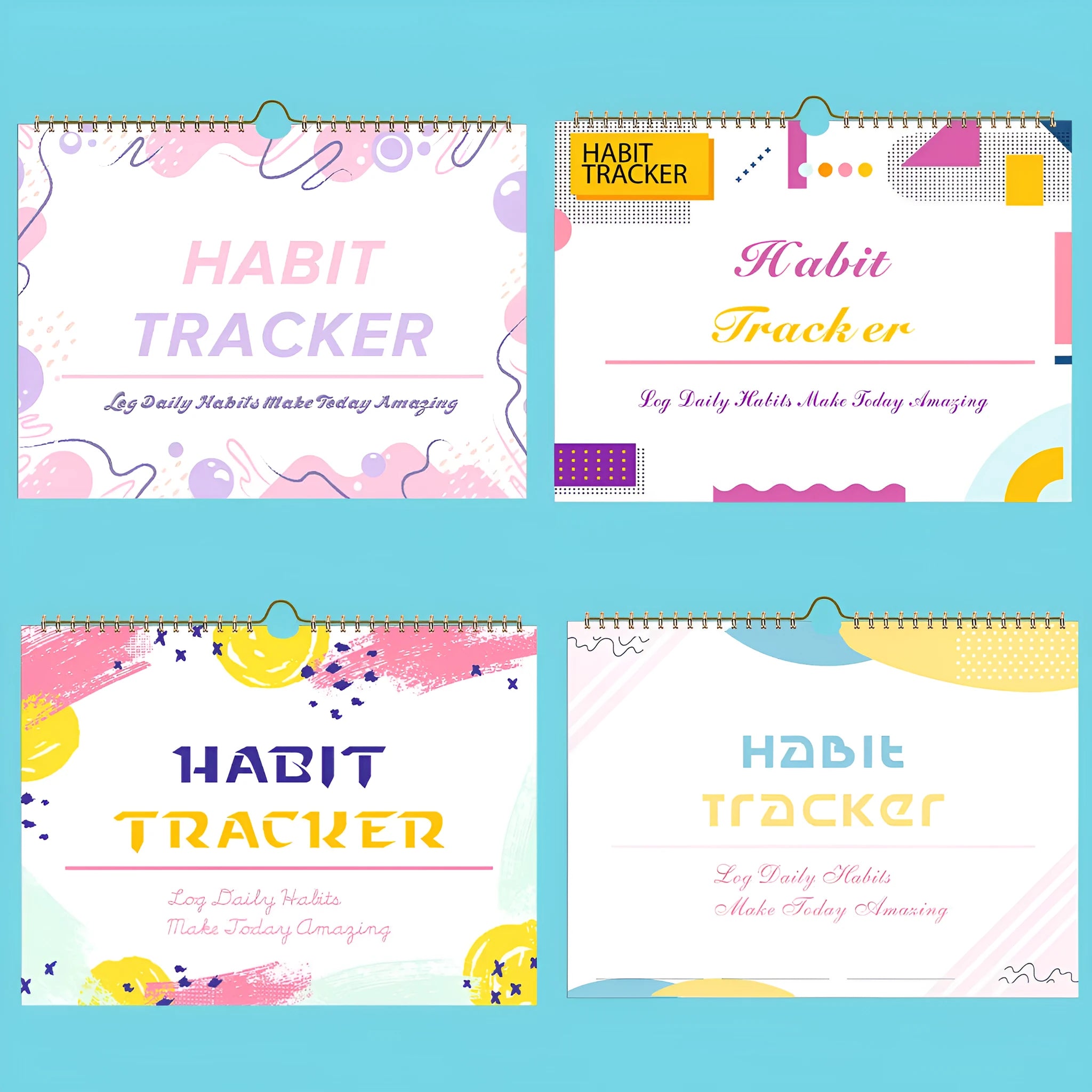 Habit tracking device showing 12 internal pages for schedule planning in various colour options