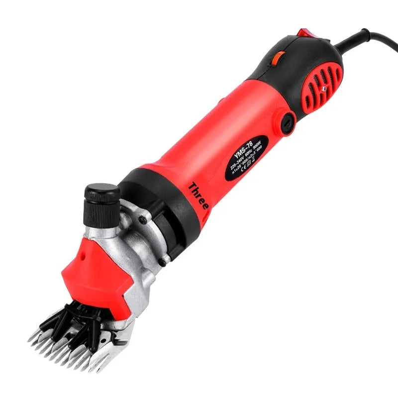 Yellow electric wool shears with 110V plug and multiple blade configurations for sheep shearing