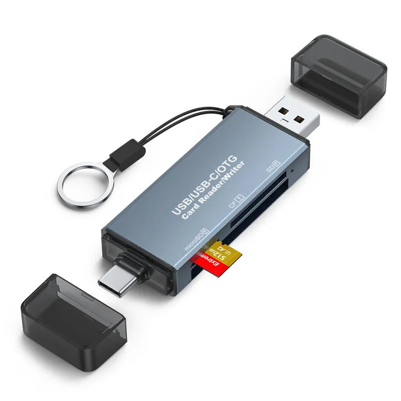 Compact aluminium alloy three-in-one card reader for CF, SD, and TF memory cards with USB and Type-C plugs.